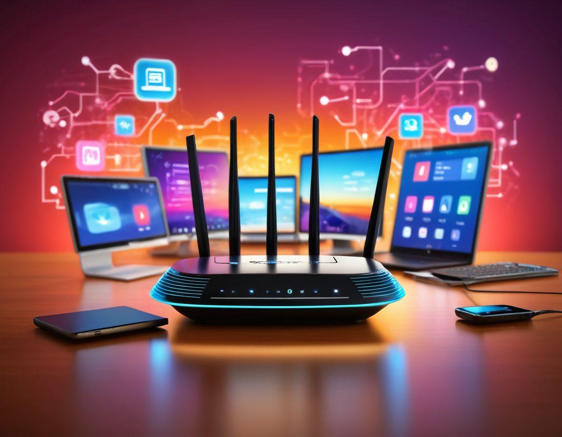 An elegant, modern wireless router surrounded by a glowing digital network of advanced connectivity icons representing speed, security, and customization. The background features a sleek home office setup with vibrant colors and subtle hints of technology, like laptops and smartphones, to emphasize the enhanced networking experience. The overall composition should convey empowerment and sophistication in networking. super-realistic. vibrant colors. high-tech aesthetic.