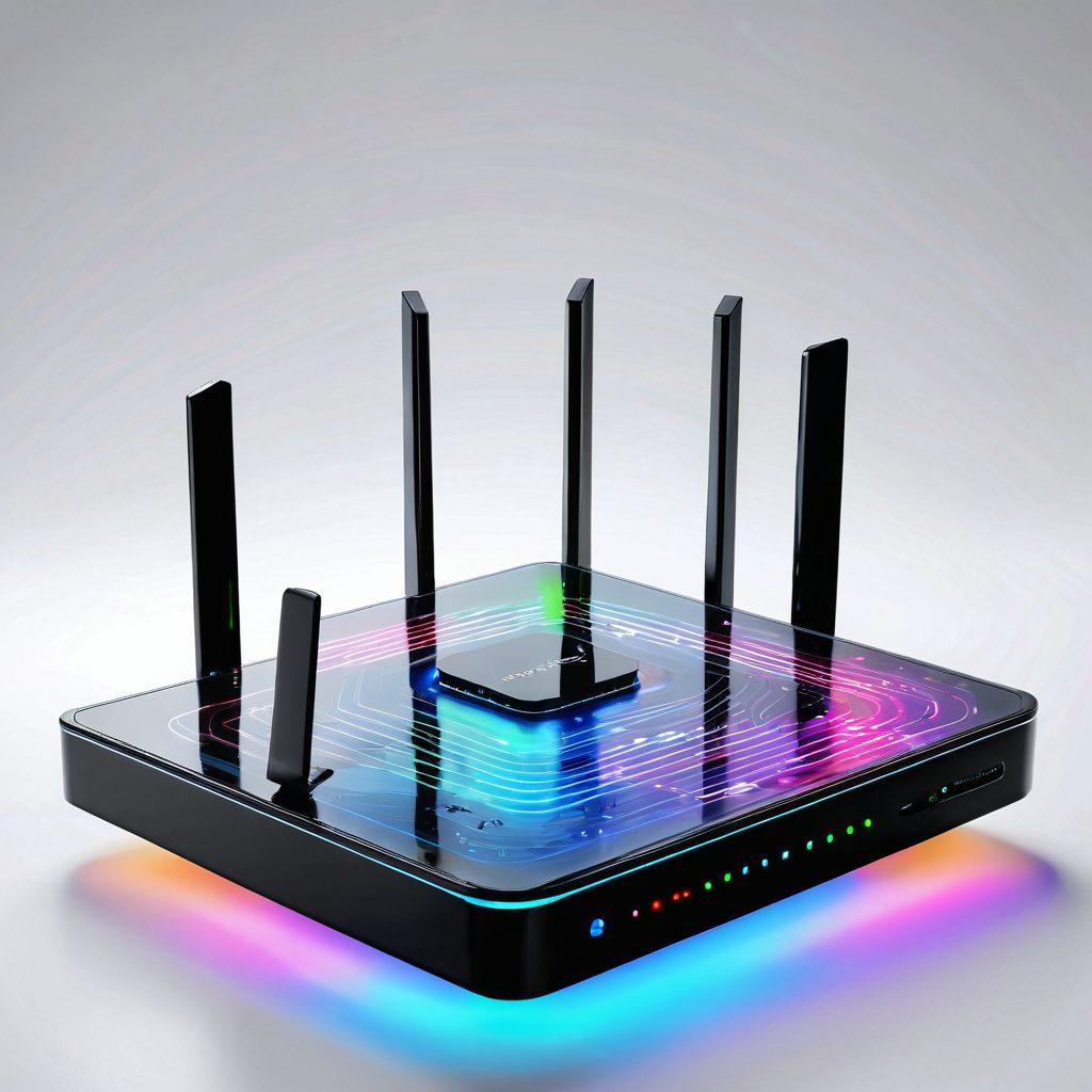 A sleek, modern router at the center, surrounded by digital waves symbolizing internet speed and security. Display various customization elements like settings menus, locks for security, and performance graphs in the background, all glowing with vibrant colors. Include a serene, blissful atmosphere to convey the idea of internet bliss. super-realistic. vibrant colors. white background.