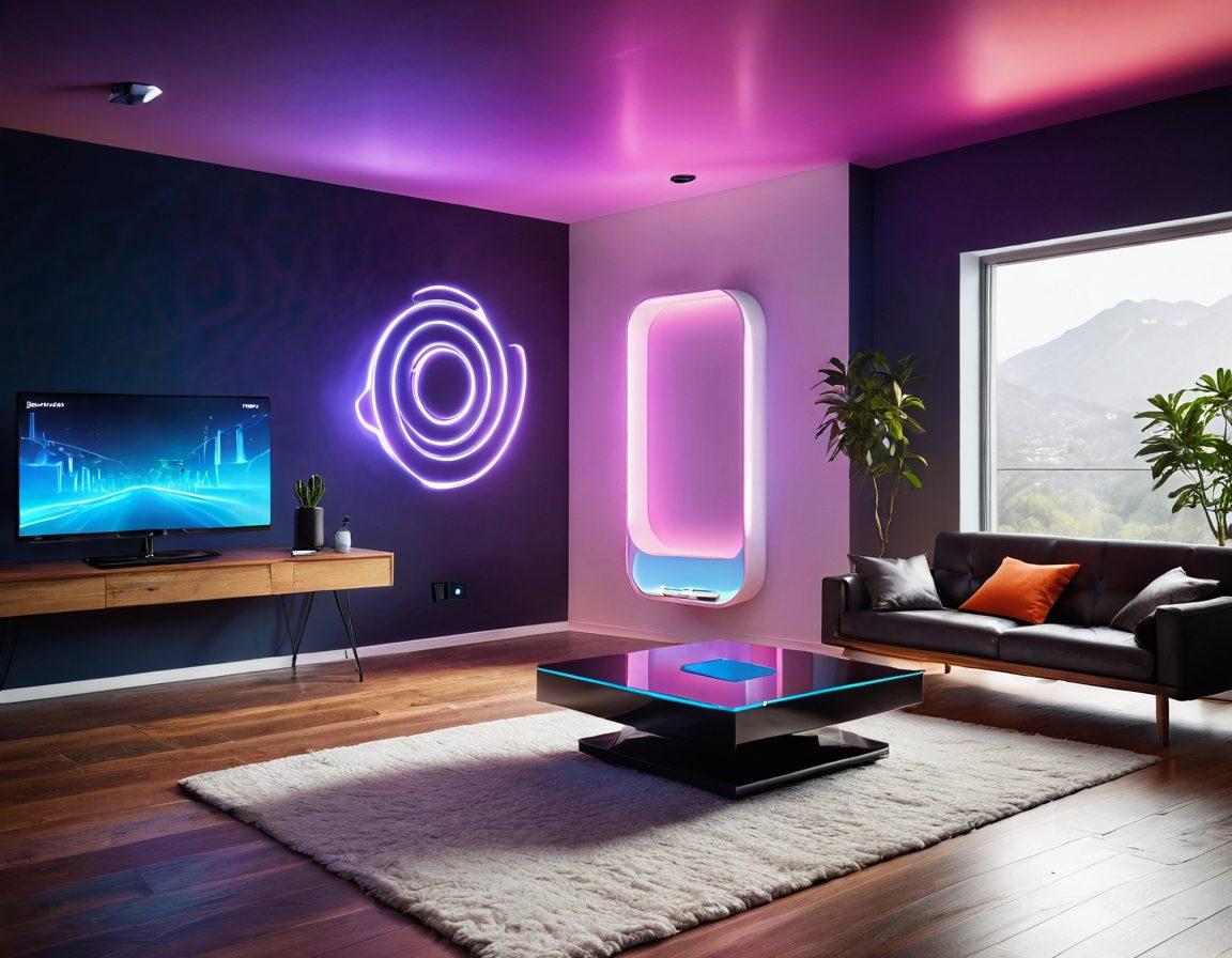 A futuristic home environment showcasing a sleek router transformed with glowing OpenWrt branding. Surrounding it are happy people enjoying seamless internet connectivity with devices in hand, while abstract visualizations of wireless signals and vibrant data streams fill the background. Emphasize modern technology with a warm and inviting atmosphere. super-realistic. vibrant colors. minimalistic design.